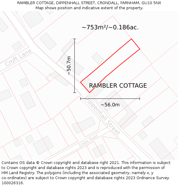RAMBLER COTTAGE, DIPPENHALL STREET, CRONDALL, FARNHAM, GU10 5NX: Plot and title map