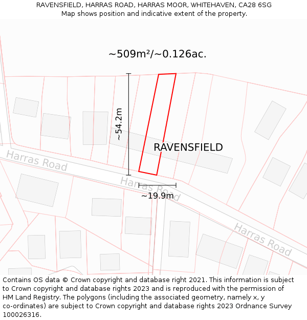 RAVENSFIELD, HARRAS ROAD, HARRAS MOOR, WHITEHAVEN, CA28 6SG: Plot and title map