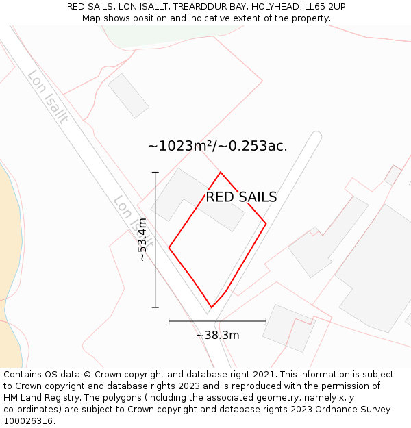 RED SAILS, LON ISALLT, TREARDDUR BAY, HOLYHEAD, LL65 2UP: Plot and title map