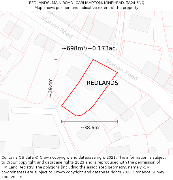 REDLANDS, MAIN ROAD, CARHAMPTON, MINEHEAD, TA24 6NQ: Plot and title map