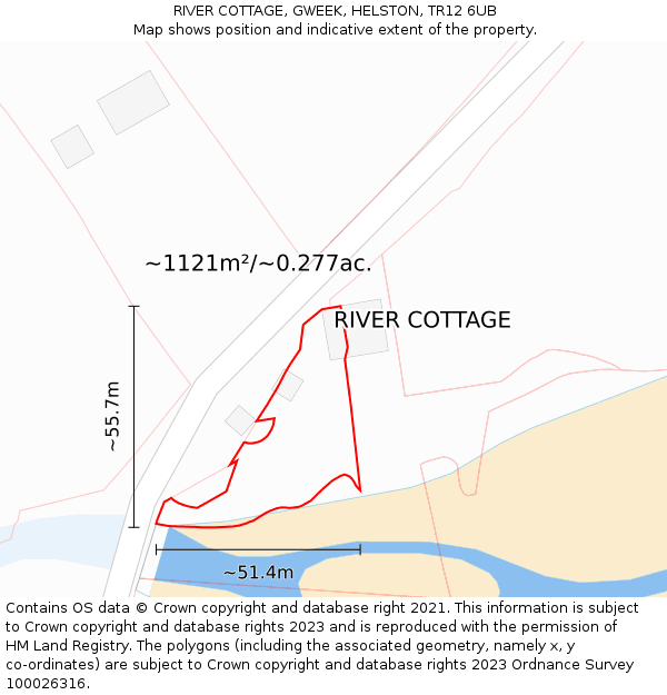 RIVER COTTAGE, GWEEK, HELSTON, TR12 6UB: Plot and title map