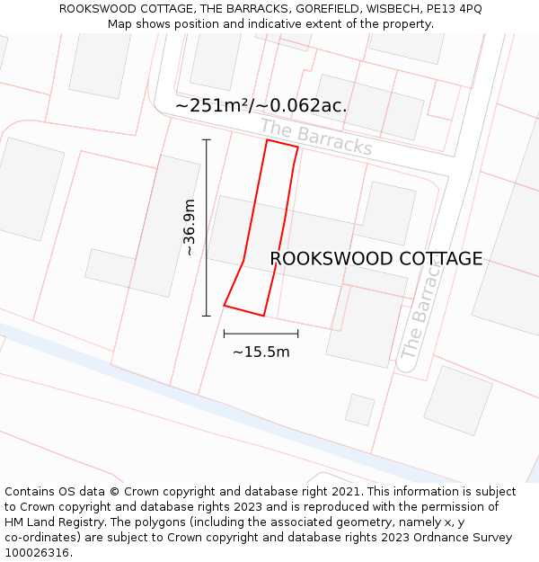 ROOKSWOOD COTTAGE, THE BARRACKS, GOREFIELD, WISBECH, PE13 4PQ: Plot and title map