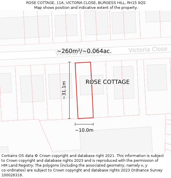 ROSE COTTAGE, 11A, VICTORIA CLOSE, BURGESS HILL, RH15 9QS: Plot and title map