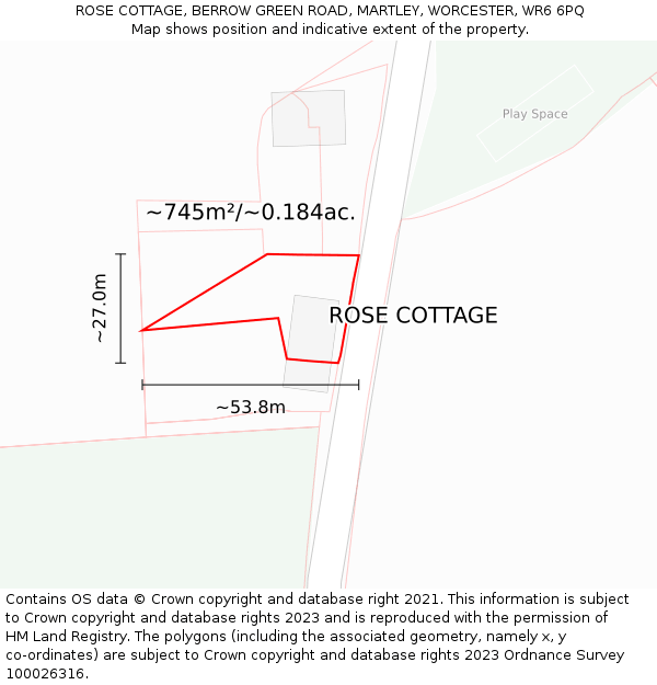 ROSE COTTAGE, BERROW GREEN ROAD, MARTLEY, WORCESTER, WR6 6PQ: Plot and title map