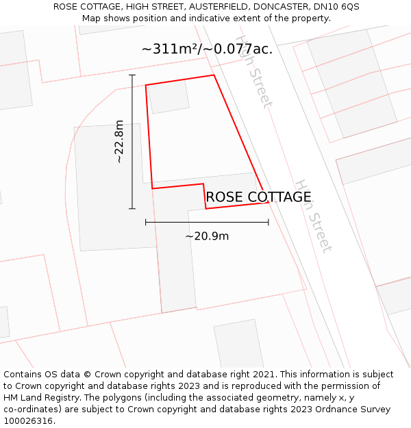 ROSE COTTAGE, HIGH STREET, AUSTERFIELD, DONCASTER, DN10 6QS: Plot and title map