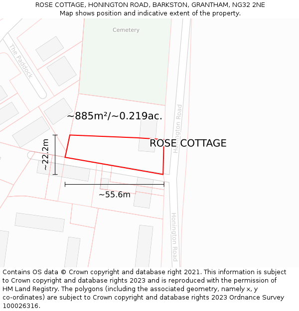 ROSE COTTAGE, HONINGTON ROAD, BARKSTON, GRANTHAM, NG32 2NE: Plot and title map