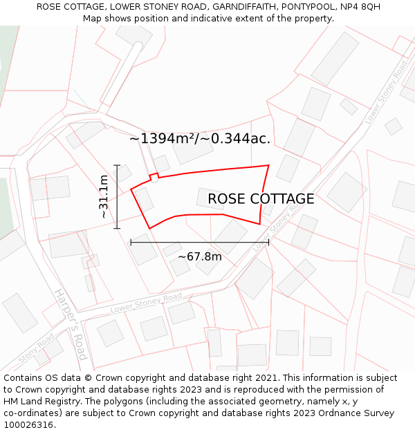 ROSE COTTAGE, LOWER STONEY ROAD, GARNDIFFAITH, PONTYPOOL, NP4 8QH: Plot and title map