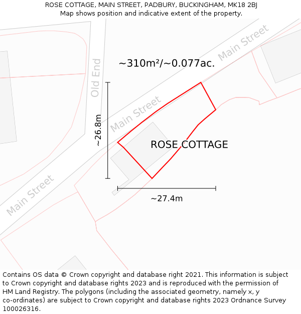 ROSE COTTAGE, MAIN STREET, PADBURY, BUCKINGHAM, MK18 2BJ: Plot and title map