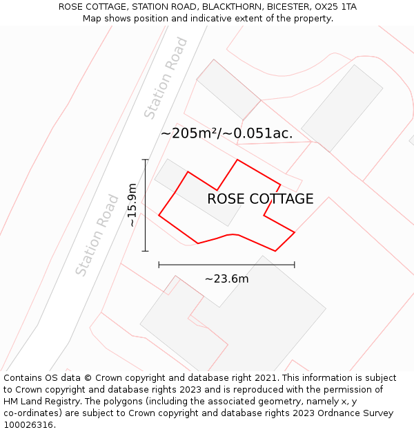 ROSE COTTAGE, STATION ROAD, BLACKTHORN, BICESTER, OX25 1TA: Plot and title map