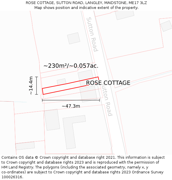 ROSE COTTAGE, SUTTON ROAD, LANGLEY, MAIDSTONE, ME17 3LZ: Plot and title map