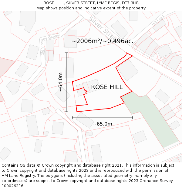 ROSE HILL, SILVER STREET, LYME REGIS, DT7 3HR: Plot and title map