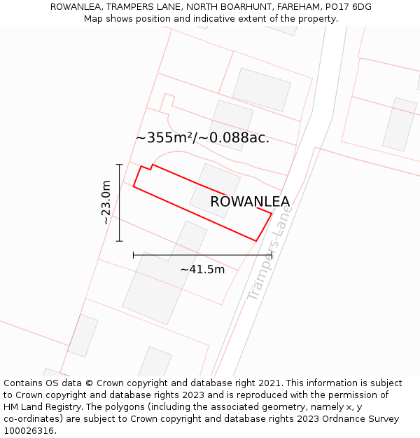 ROWANLEA, TRAMPERS LANE, NORTH BOARHUNT, FAREHAM, PO17 6DG: Plot and title map