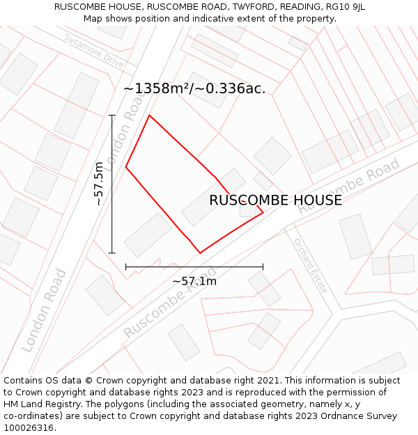 RUSCOMBE HOUSE, RUSCOMBE ROAD, TWYFORD, READING, RG10 9JL: Plot and title map