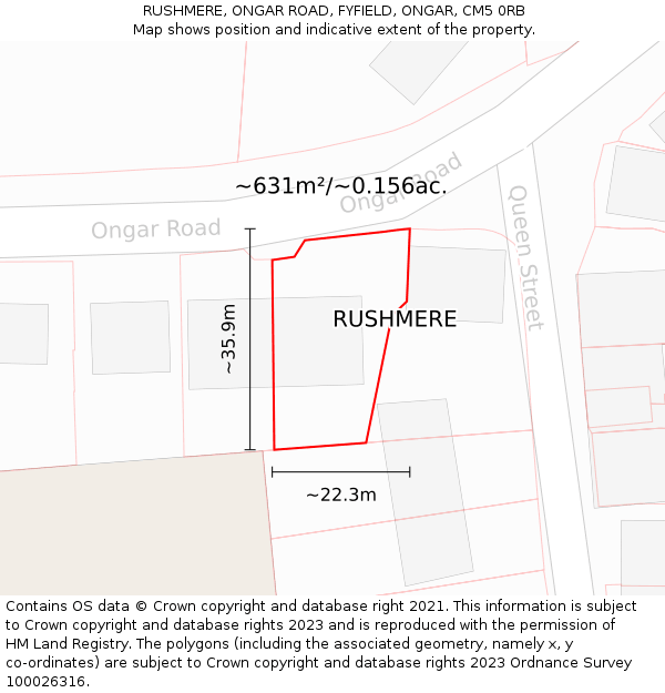 RUSHMERE, ONGAR ROAD, FYFIELD, ONGAR, CM5 0RB: Plot and title map