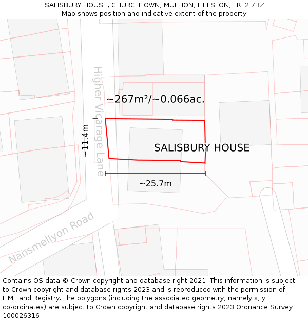 SALISBURY HOUSE, CHURCHTOWN, MULLION, HELSTON, TR12 7BZ: Plot and title map