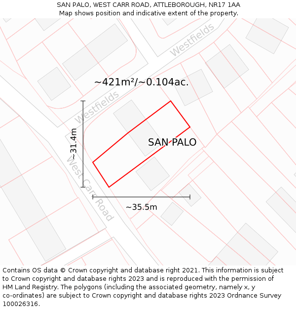 SAN PALO, WEST CARR ROAD, ATTLEBOROUGH, NR17 1AA: Plot and title map