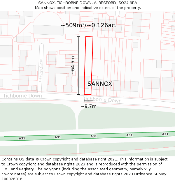 SANNOX, TICHBORNE DOWN, ALRESFORD, SO24 9PA: Plot and title map