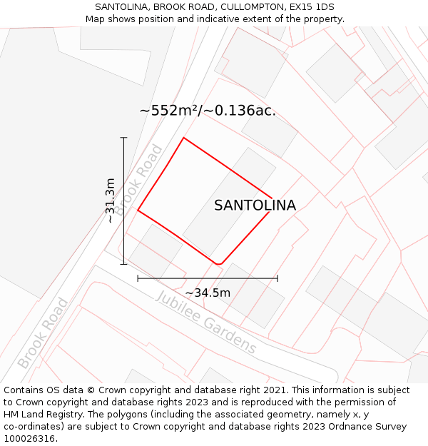 SANTOLINA, BROOK ROAD, CULLOMPTON, EX15 1DS: Plot and title map