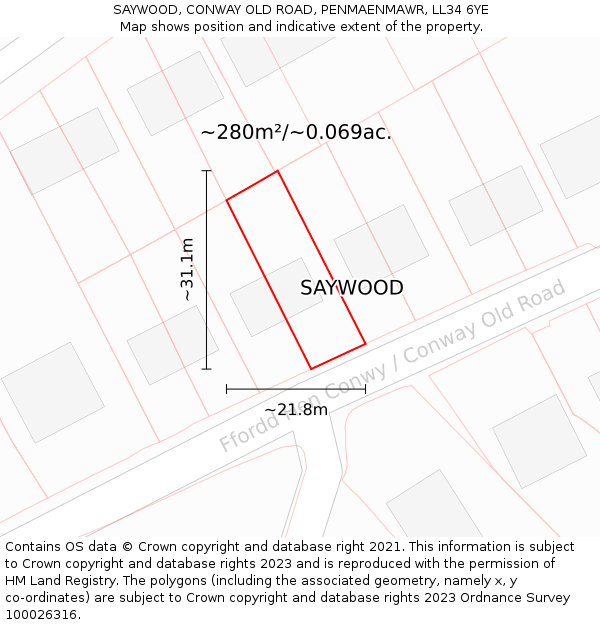 SAYWOOD, CONWAY OLD ROAD, PENMAENMAWR, LL34 6YE: Plot and title map