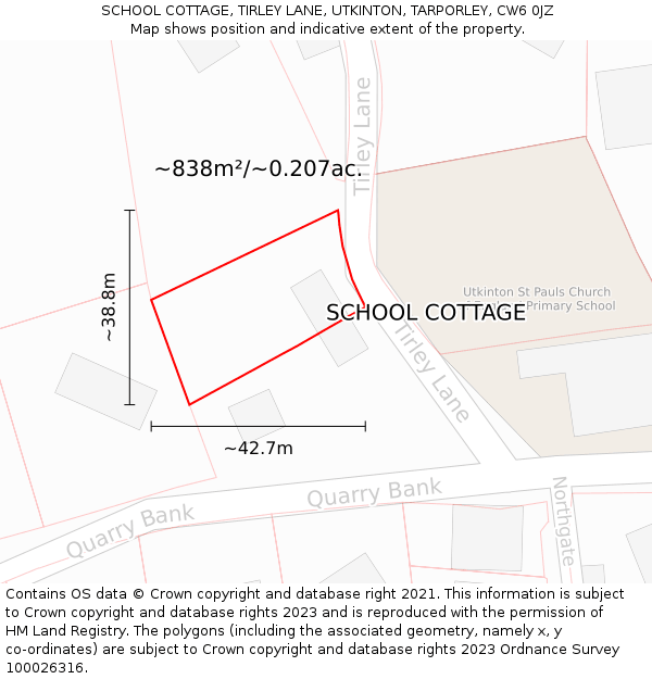 SCHOOL COTTAGE, TIRLEY LANE, UTKINTON, TARPORLEY, CW6 0JZ: Plot and title map