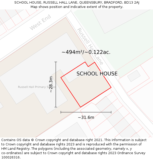 SCHOOL HOUSE, RUSSELL HALL LANE, QUEENSBURY, BRADFORD, BD13 2AJ: Plot and title map