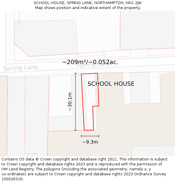 SCHOOL HOUSE, SPRING LANE, NORTHAMPTON, NN1 2JW: Plot and title map
