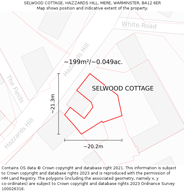 SELWOOD COTTAGE, HAZZARDS HILL, MERE, WARMINSTER, BA12 6ER: Plot and title map