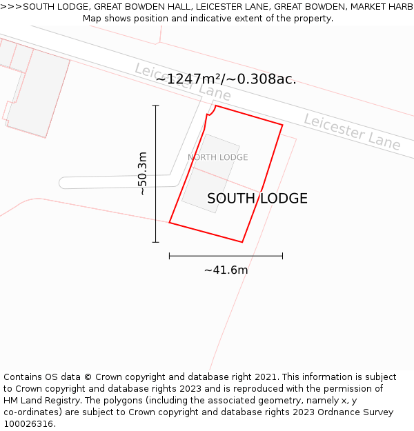 SOUTH LODGE, GREAT BOWDEN HALL, LEICESTER LANE, GREAT BOWDEN, MARKET HARBOROUGH, LE16 7HP: Plot and title map