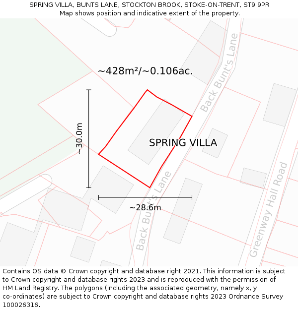 SPRING VILLA, BUNTS LANE, STOCKTON BROOK, STOKE-ON-TRENT, ST9 9PR: Plot and title map