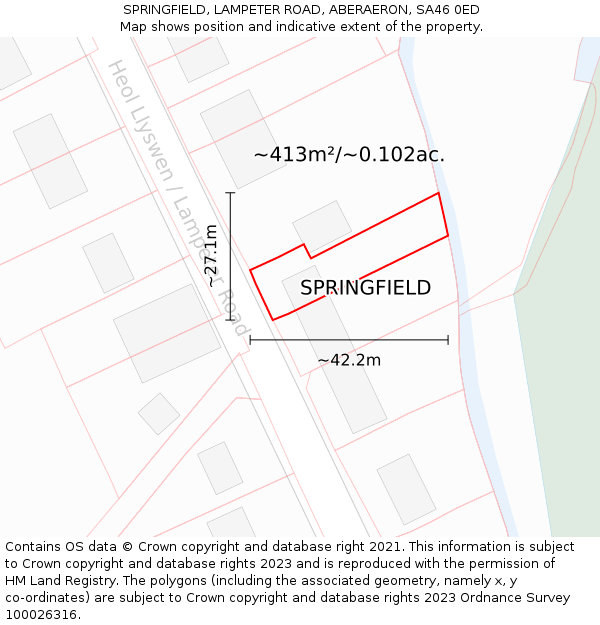 SPRINGFIELD, LAMPETER ROAD, ABERAERON, SA46 0ED: Plot and title map