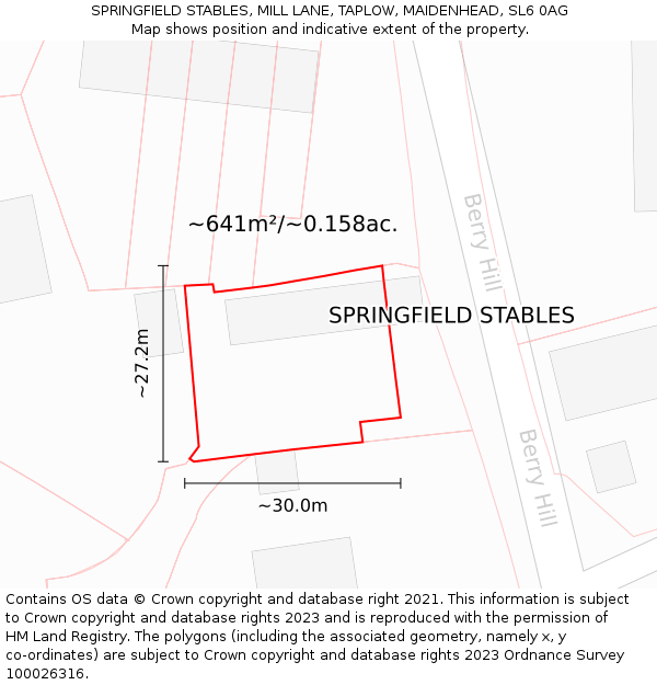 SPRINGFIELD STABLES, MILL LANE, TAPLOW, MAIDENHEAD, SL6 0AG: Plot and title map