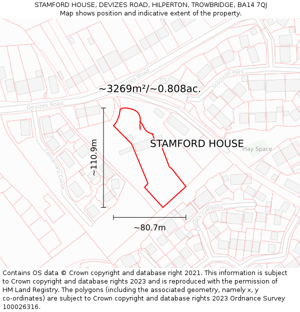 STAMFORD HOUSE, DEVIZES ROAD, HILPERTON, TROWBRIDGE, BA14 7QJ: Plot and title map