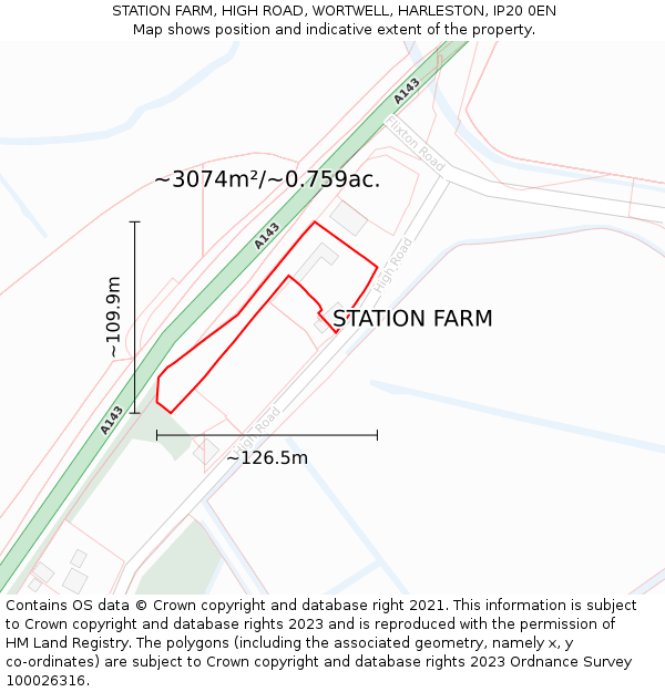 STATION FARM, HIGH ROAD, WORTWELL, HARLESTON, IP20 0EN: Plot and title map