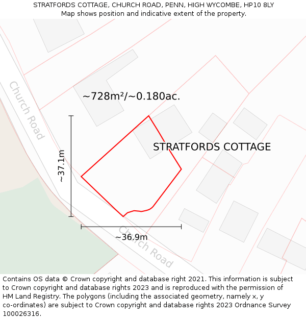 STRATFORDS COTTAGE, CHURCH ROAD, PENN, HIGH WYCOMBE, HP10 8LY: Plot and title map