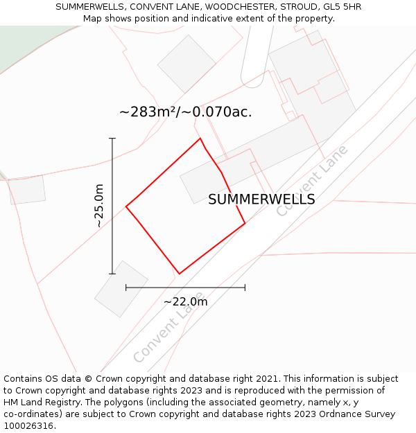 SUMMERWELLS, CONVENT LANE, WOODCHESTER, STROUD, GL5 5HR: Plot and title map