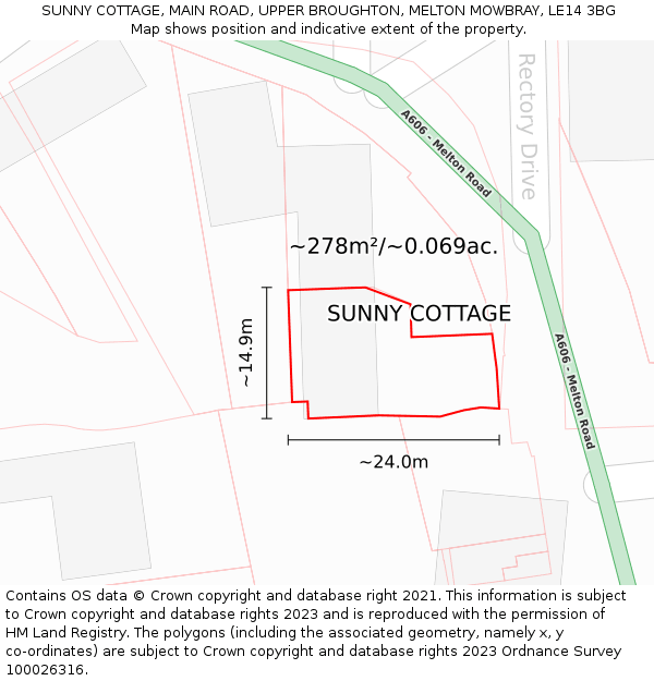 SUNNY COTTAGE, MAIN ROAD, UPPER BROUGHTON, MELTON MOWBRAY, LE14 3BG: Plot and title map