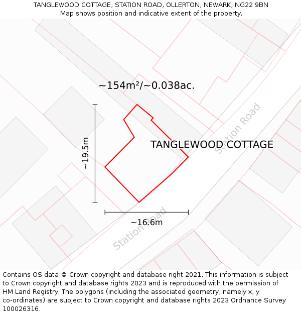 TANGLEWOOD COTTAGE, STATION ROAD, OLLERTON, NEWARK, NG22 9BN: Plot and title map