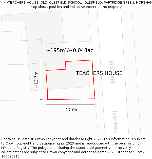 TEACHERS HOUSE, OLD JOLESFIELD SCHOOL, JOLESFIELD, PARTRIDGE GREEN, HORSHAM, RH13 8JT: Plot and title map