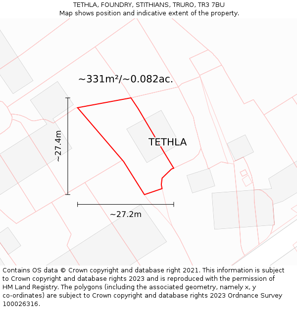 TETHLA, FOUNDRY, STITHIANS, TRURO, TR3 7BU: Plot and title map