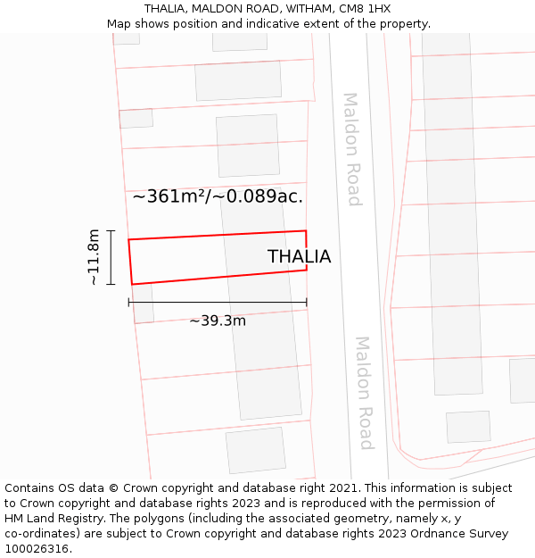 THALIA, MALDON ROAD, WITHAM, CM8 1HX: Plot and title map