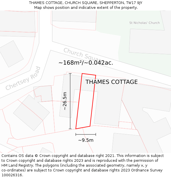 THAMES COTTAGE, CHURCH SQUARE, SHEPPERTON, TW17 9JY: Plot and title map