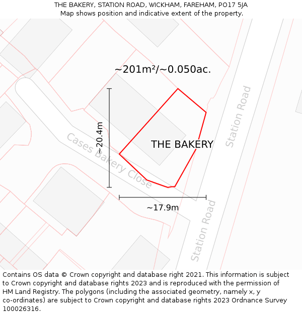 THE BAKERY, STATION ROAD, WICKHAM, FAREHAM, PO17 5JA: Plot and title map