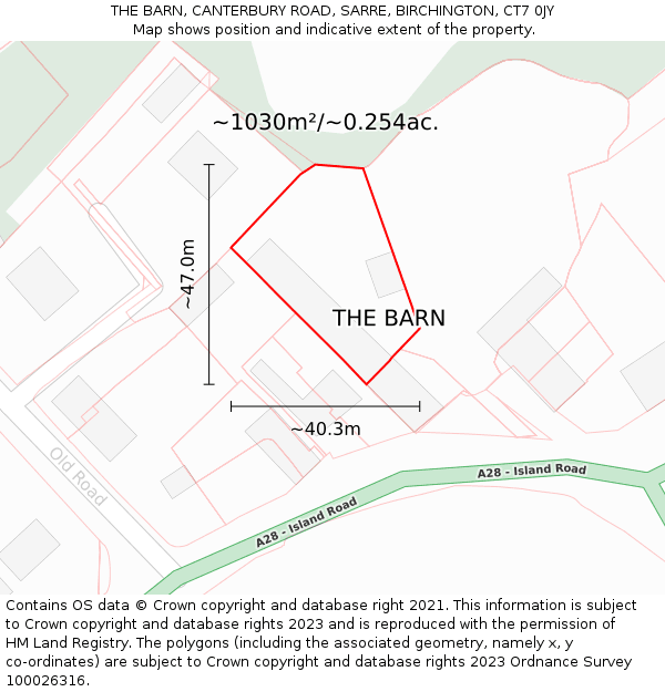 THE BARN, CANTERBURY ROAD, SARRE, BIRCHINGTON, CT7 0JY: Plot and title map