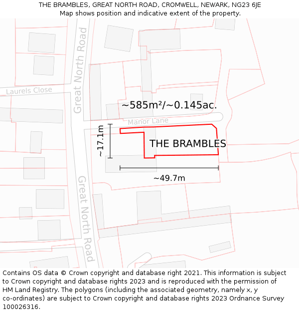 THE BRAMBLES, GREAT NORTH ROAD, CROMWELL, NEWARK, NG23 6JE: Plot and title map