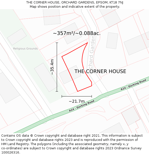 THE CORNER HOUSE, ORCHARD GARDENS, EPSOM, KT18 7NJ: Plot and title map