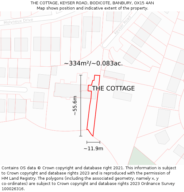 THE COTTAGE, KEYSER ROAD, BODICOTE, BANBURY, OX15 4AN: Plot and title map