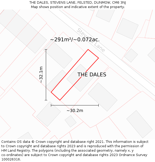 THE DALES, STEVENS LANE, FELSTED, DUNMOW, CM6 3NJ: Plot and title map