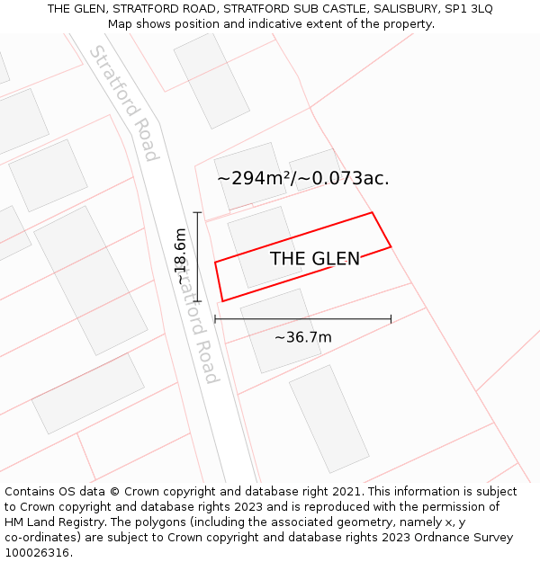 THE GLEN, STRATFORD ROAD, STRATFORD SUB CASTLE, SALISBURY, SP1 3LQ: Plot and title map