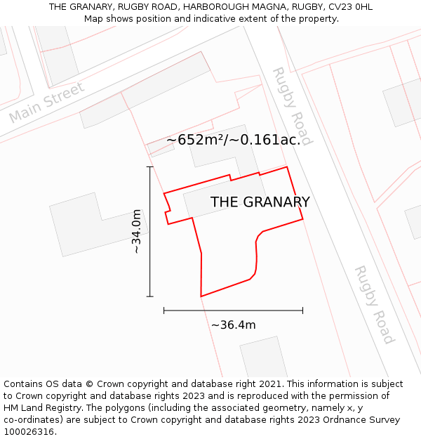 THE GRANARY, RUGBY ROAD, HARBOROUGH MAGNA, RUGBY, CV23 0HL: Plot and title map