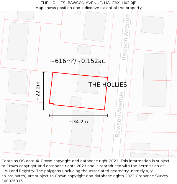 THE HOLLIES, RAWSON AVENUE, HALIFAX, HX3 0JP: Plot and title map